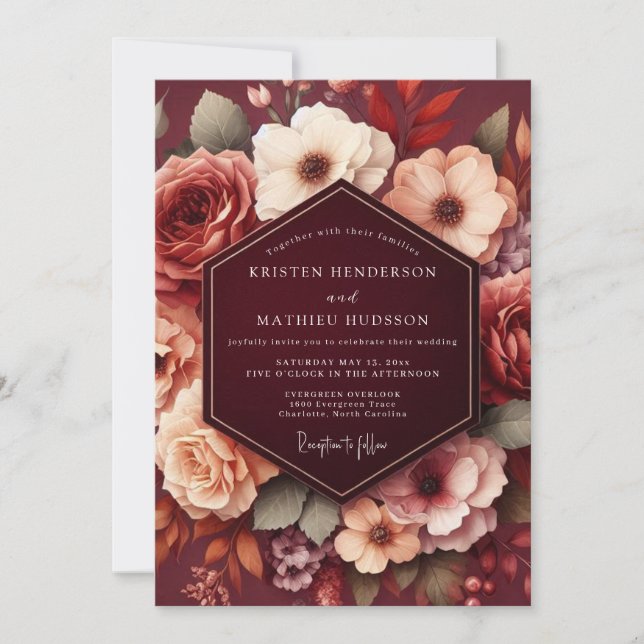 Invitación Boda de Romance Floral de Otoño Borgoña (Anverso)