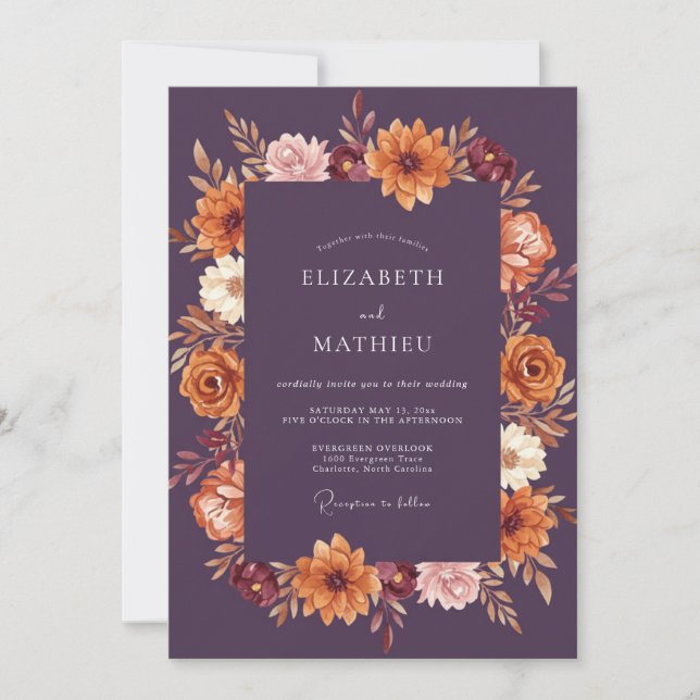 Invitación Boda de Romance Floral de Otoño Ciruela (Anverso)