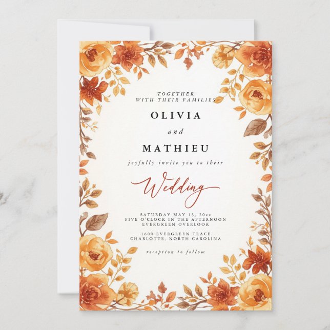 Invitación Boda de romance floral de otoño de oro (Anverso)