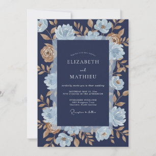 Invitación Boda de Romance Floral Dorado Azul Marino