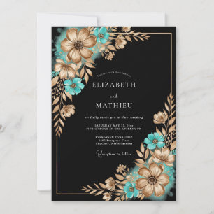 Invitación Boda de Romance Floral Dorado Teal