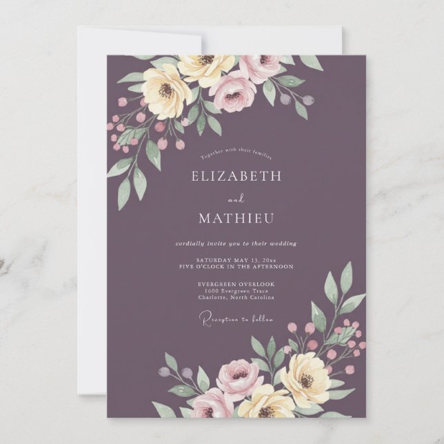 Invitación Boda de Romance Floral Elegante Ciruela (Anverso)