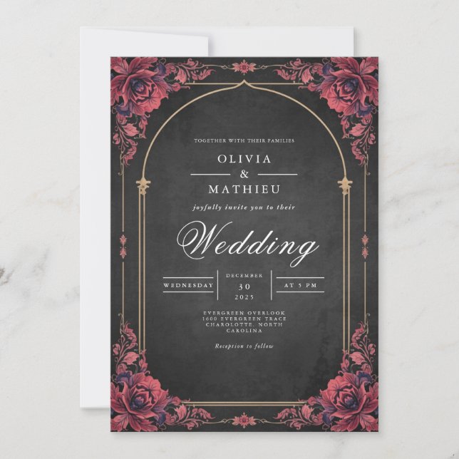 Invitación Boda de Romance Floral en Arco Crimson (Anverso)