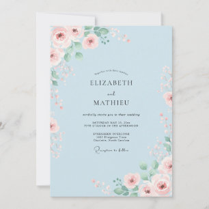 Invitación Boda de Romance Floral en Azul Polvo