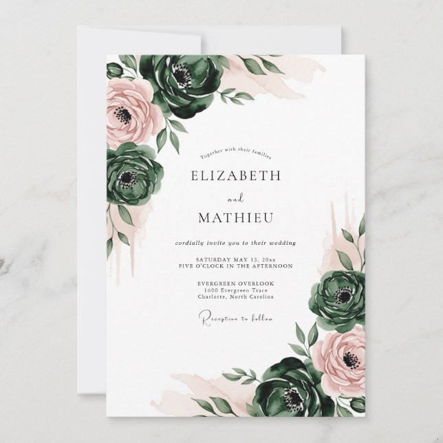 Invitación Boda de Romance Floral Esmeralda (Anverso)
