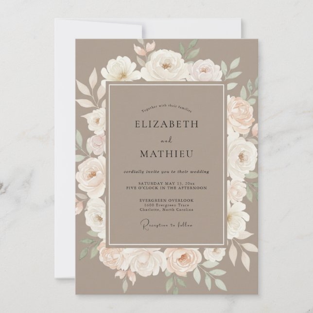 Invitación Boda de Romance Floral Etéreo Taupe (Anverso)
