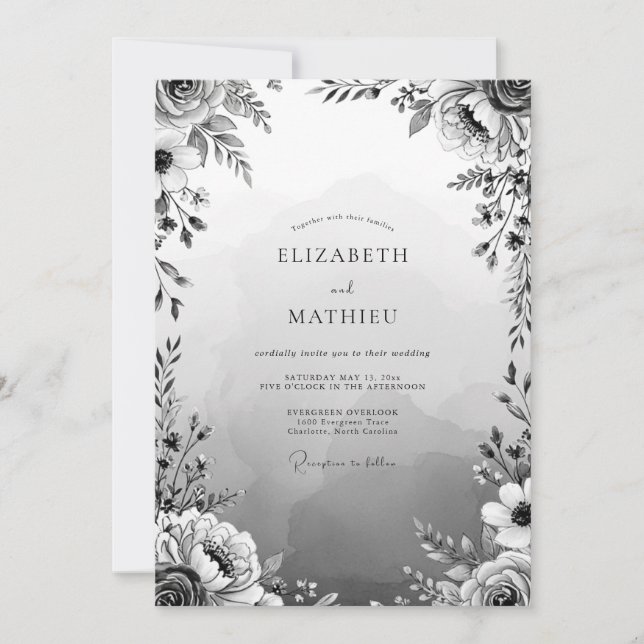 Invitación Boda de Romance Floral Gris (Anverso)