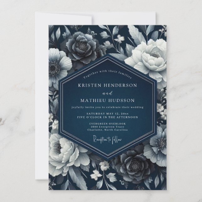 Invitación Boda de Romance Floral Índigo (Anverso)