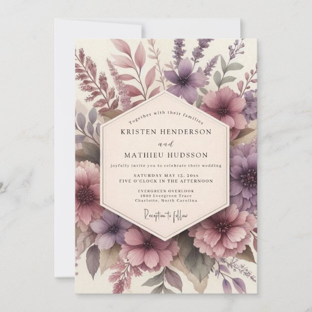 Invitación Boda de Romance Floral Malva (Anverso)
