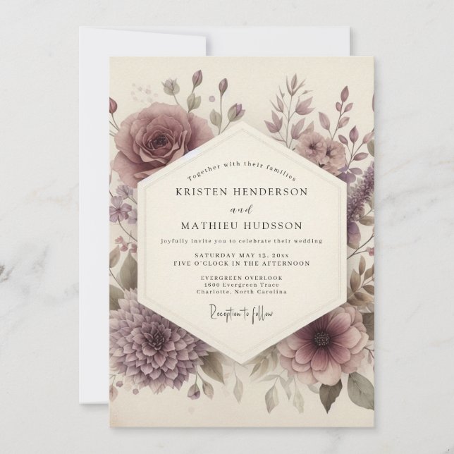 Invitación Boda de Romance Floral Malva Polvoriento (Anverso)