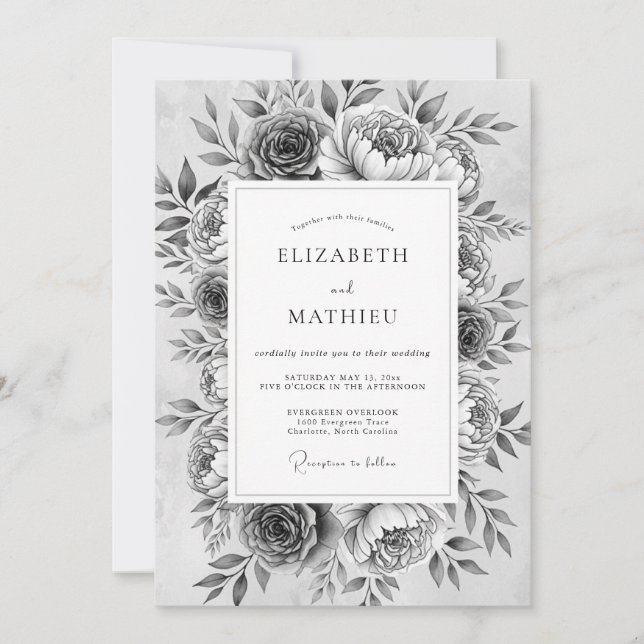 Invitación Boda de Romance Floral Monocromo (Anverso)