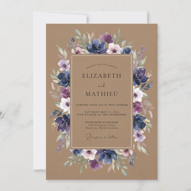 Invitación Boda de Romance Floral Morado Marino (Anverso)