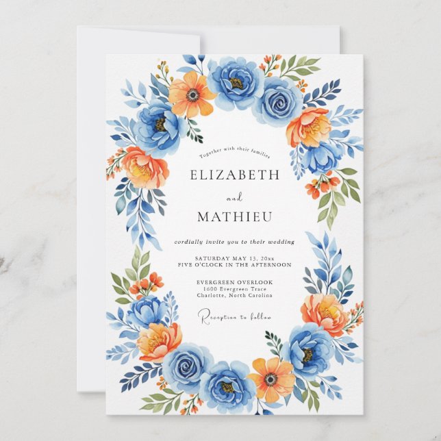 Invitación Boda de Romance Floral Naranja Azul (Anverso)