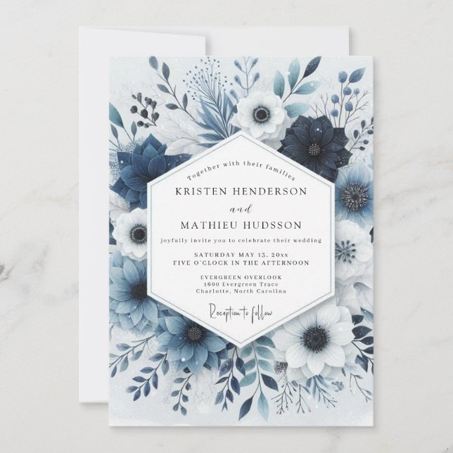 Invitación Boda de romance floral naval al atardecer (Anverso)