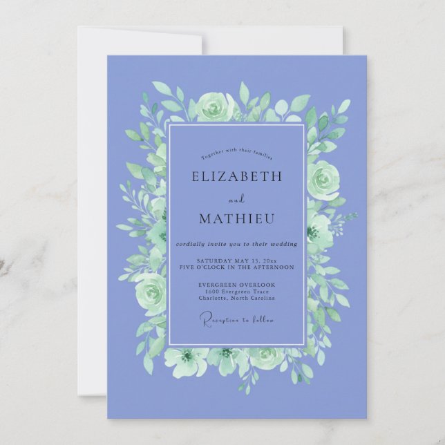 Invitación Boda de Romance Floral Niebla Periwinkle (Anverso)