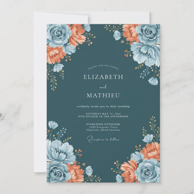 Invitación Boda de Romance Floral Opulento Verde Azul (Anverso)