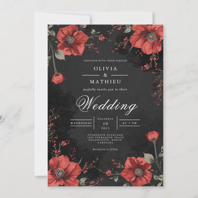 Invitación Boda de romance floral oscuro (Anverso)