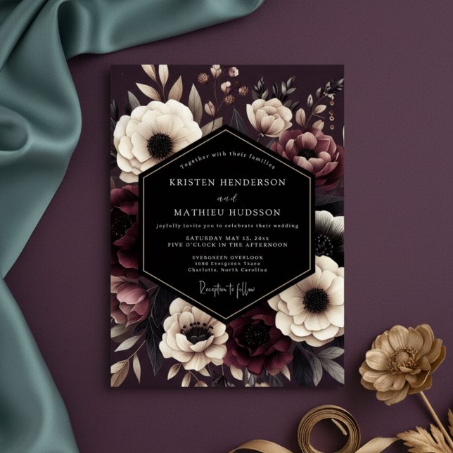 Invitación Boda de Romance Floral Oscuro Borgoña (Subido por el creador)