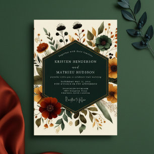 Invitación Boda de Romance Floral Otoñal en Azul Teal Profund