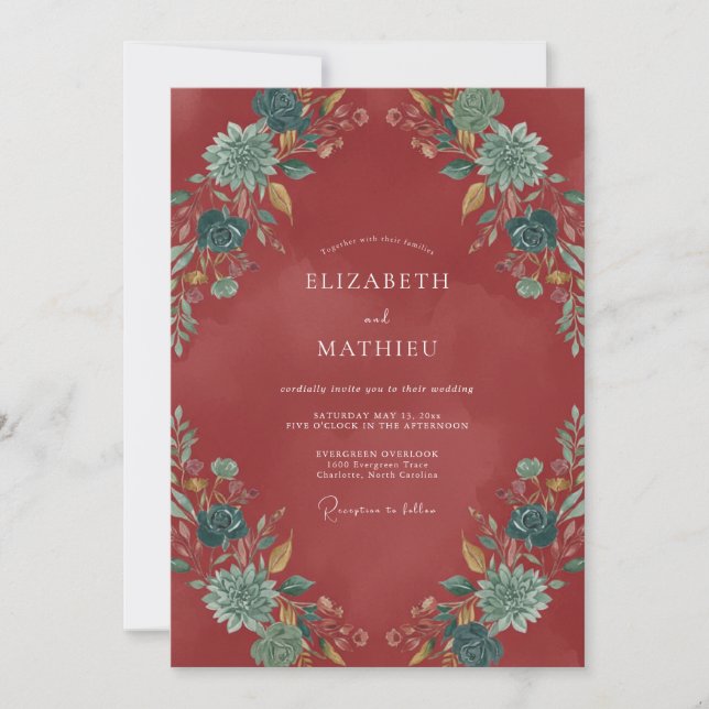 Invitación Boda de Romance Floral Otoño Rojo (Anverso)