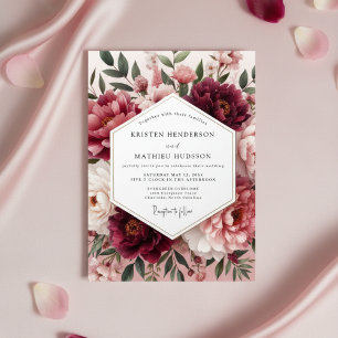 Invitación Boda de Romance Floral Peonía Borgoña
