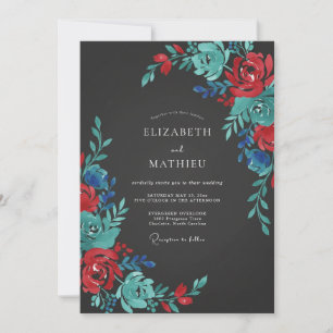 Invitación Boda de Romance Floral Pintado en Rojo Teal