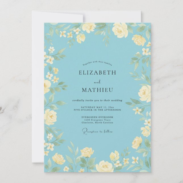 Invitación Boda de Romance Floral Primavera Verde Azul (Anverso)