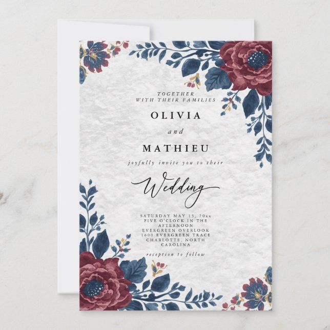 Invitación Boda de romance floral profunda de Borgoña (Anverso)