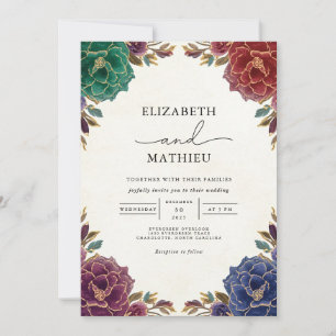 Invitación Boda de romance floral profunda Verde azulada
