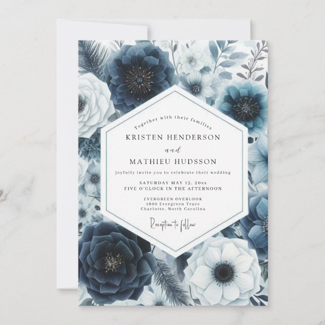 Invitación Boda de Romance Floral Profundo de la Marina (Anverso)