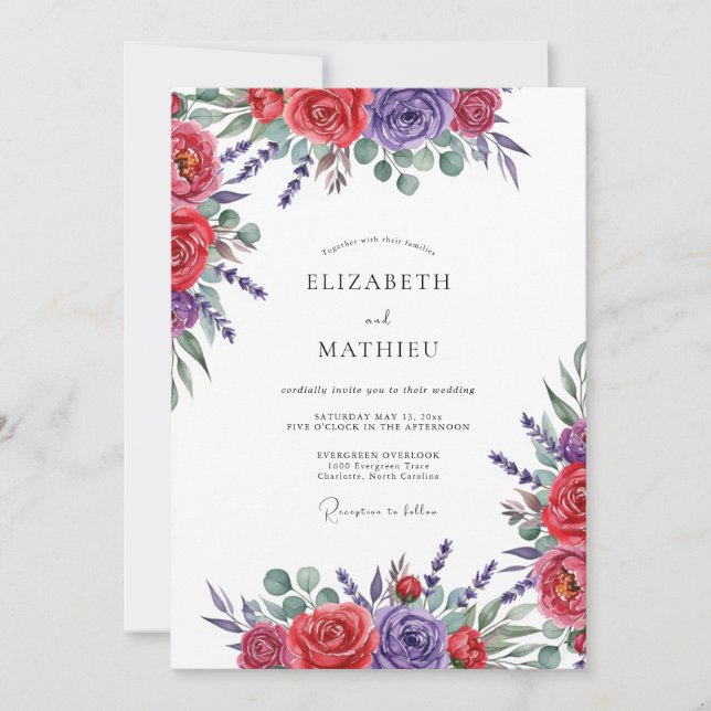 Invitación Boda de Romance Floral Púrpura Rojo (Anverso)