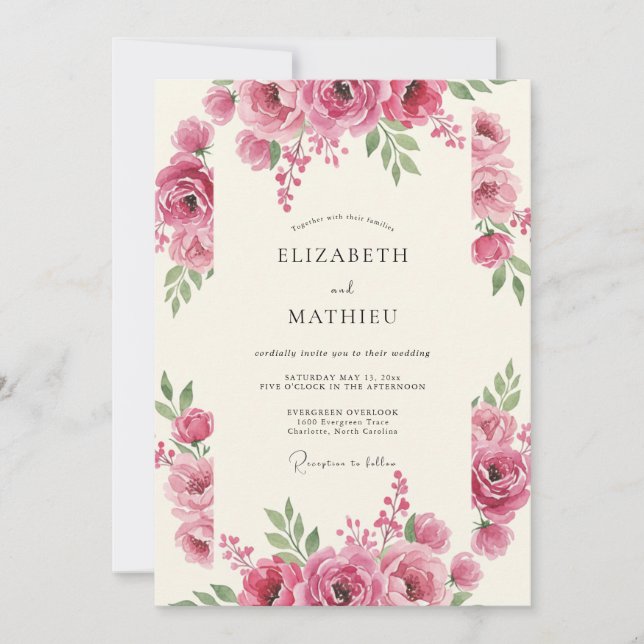 Invitación Boda de Romance Floral Rosa (Anverso)