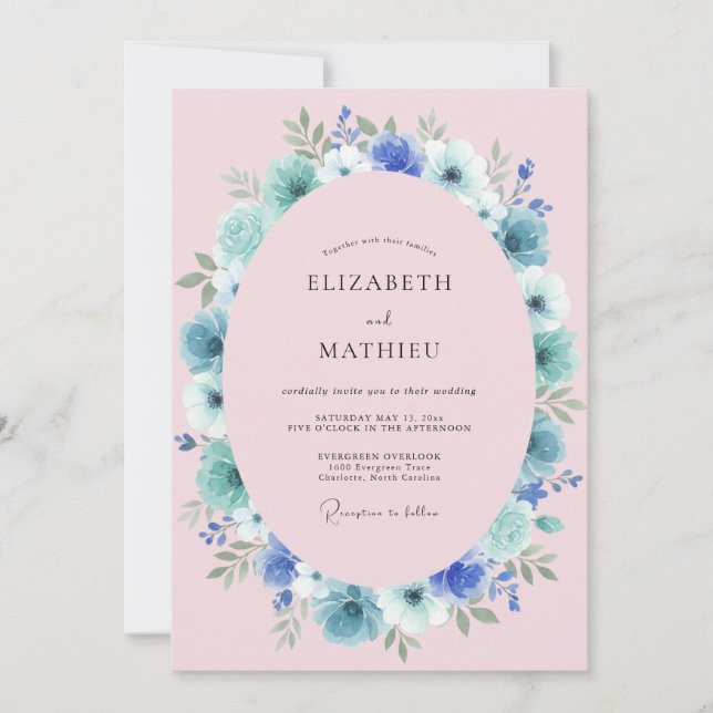 Invitación Boda de Romance Floral Rosa Azul (Anverso)