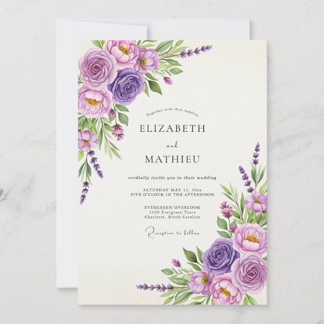 Invitación Boda de Romance Floral Rosa Lavanda (Anverso)