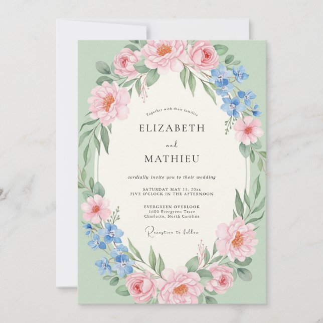 Invitación Boda de Romance Floral Rosa Pálido (Anverso)