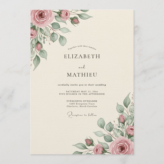 Invitación Boda de Romance Floral Rosa Polvo (Anverso)