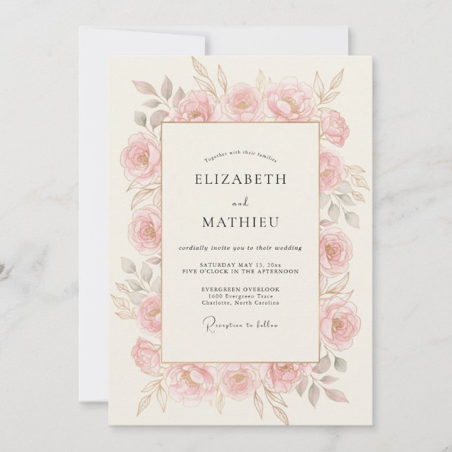 Invitación Boda de Romance Floral Rosa Polvoriento (Anverso)