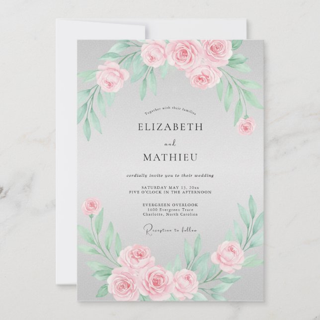 Invitación Boda de Romance Floral Rosa Rubor (Anverso)