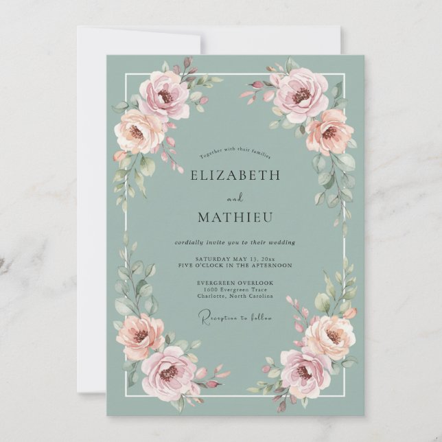 Invitación Boda de Romance Floral Rosa Sabio (Anverso)