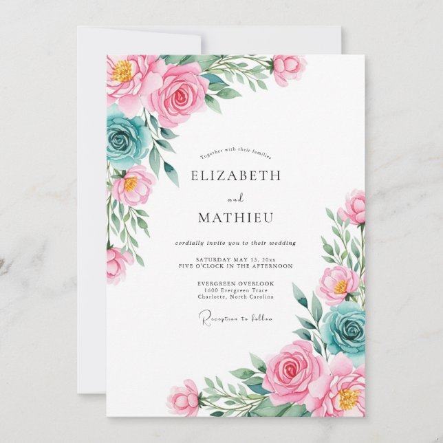 Invitación Boda de Romance Floral Rosa Turquesa (Anverso)