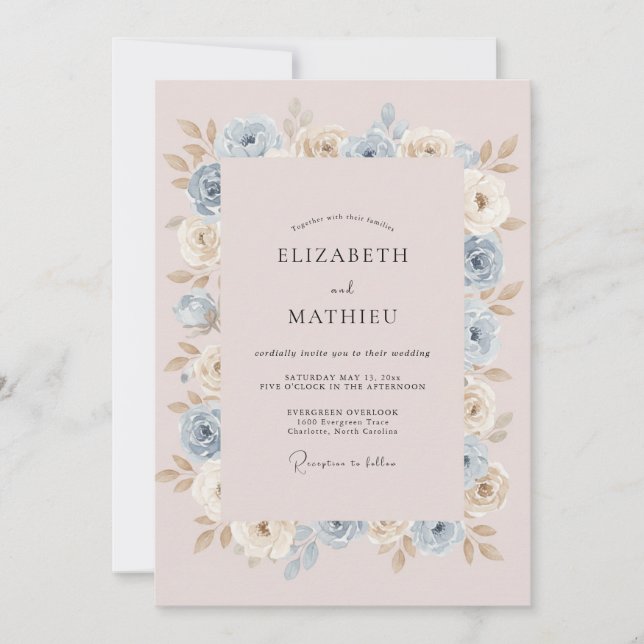 Invitación Boda de Romance Floral Suave Azul Pálido (Anverso)