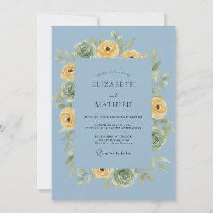 Invitación Boda de Romance Floral Suave Azul Polvoriento