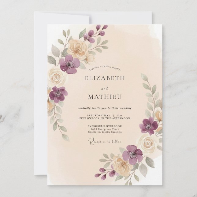 Invitación Boda de Romance Floral Suave de Ciruela (Anverso)