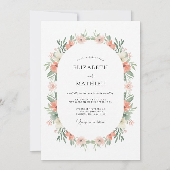 Invitación Boda de Romance Floral Suave de Coral (Anverso)
