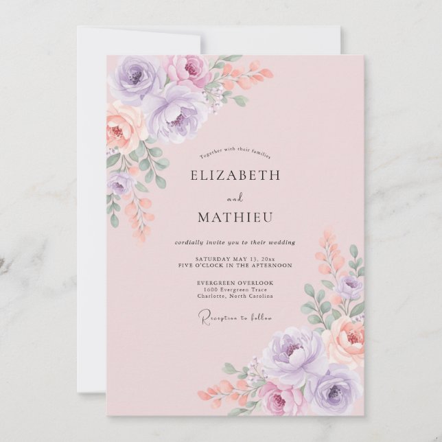 Invitación Boda de Romance Floral Suave Lila (Anverso)