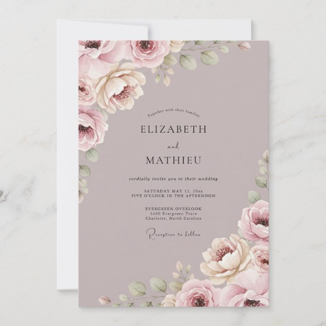 Invitación Boda de Romance Floral Suave Malva (Anverso)