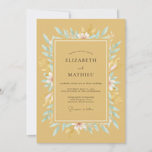 Invitación Boda de Romance Floral Suave Mostaza (Anverso)