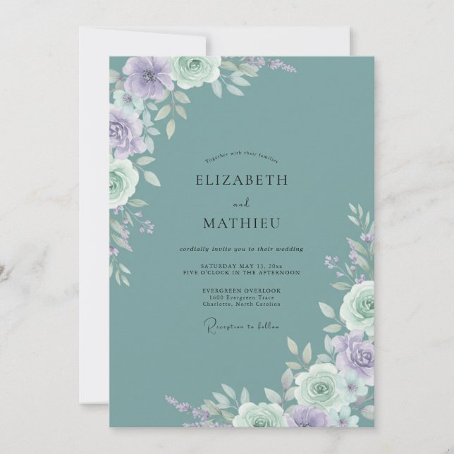 Invitación Boda de Romance Floral Susurrante Turquesa (Anverso)