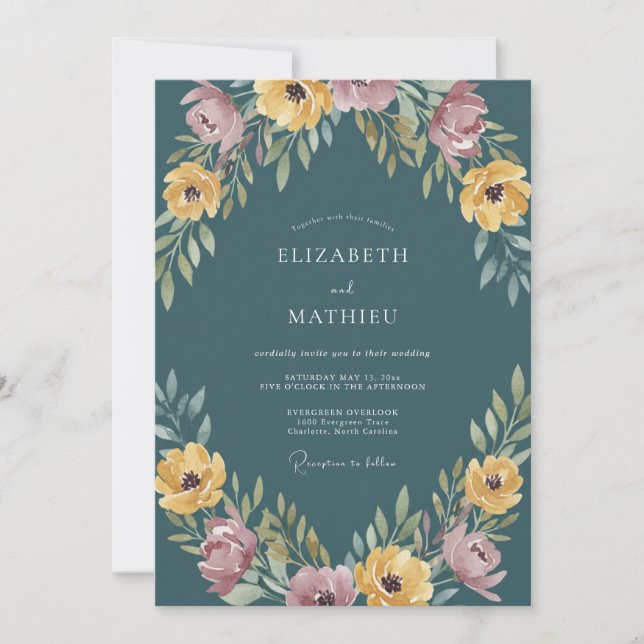 Invitación Boda de Romance Floral Teal en Flor (Anverso)