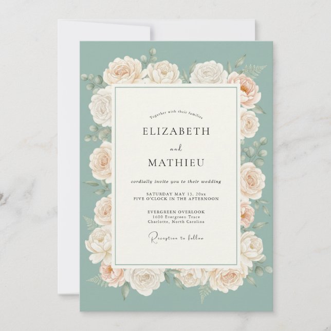 Invitación Boda de Romance Floral Verde Espuma de Mar (Anverso)